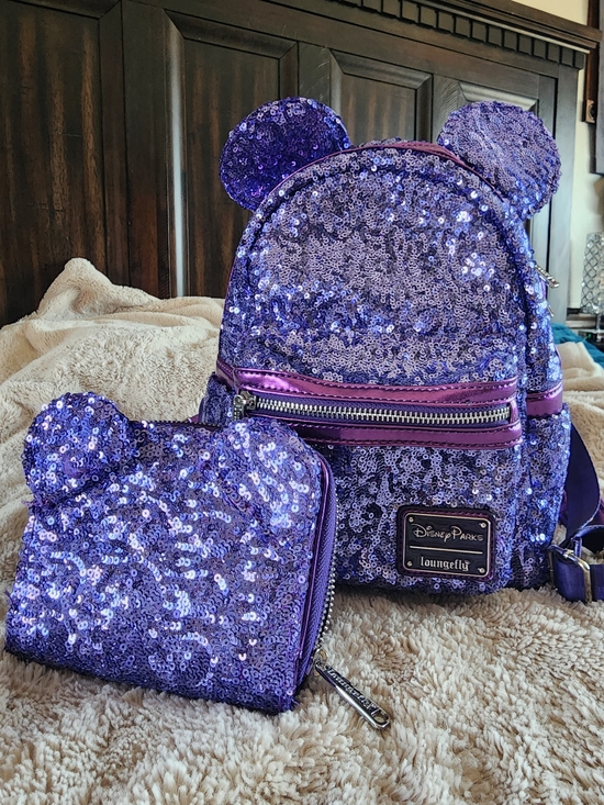 Loungefly Handbags - Loungefly Disney Parks Purple Sequin Mouse-Ear Mini Backpack and Wallet Set